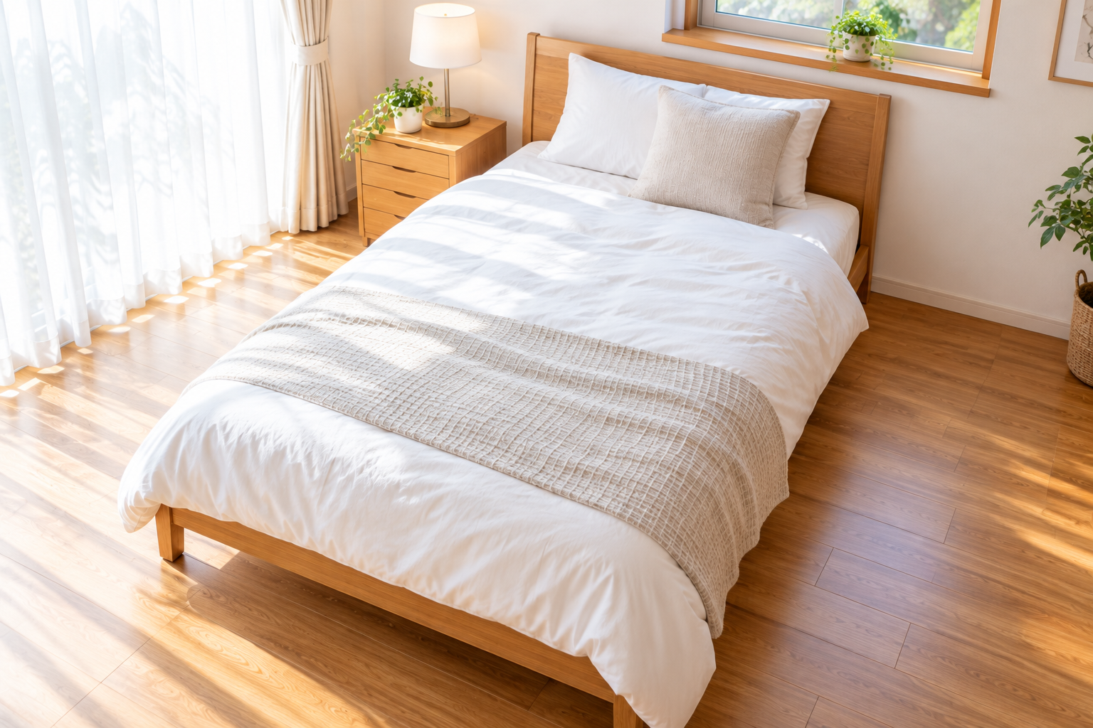 DENBA Healthのマットを敷いた、明るい寝室のベッド