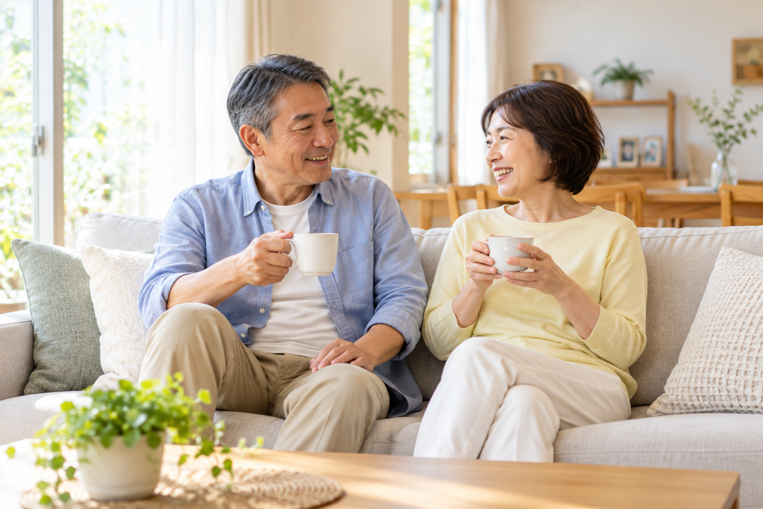 ソファでお茶を飲みながら会話するご夫婦