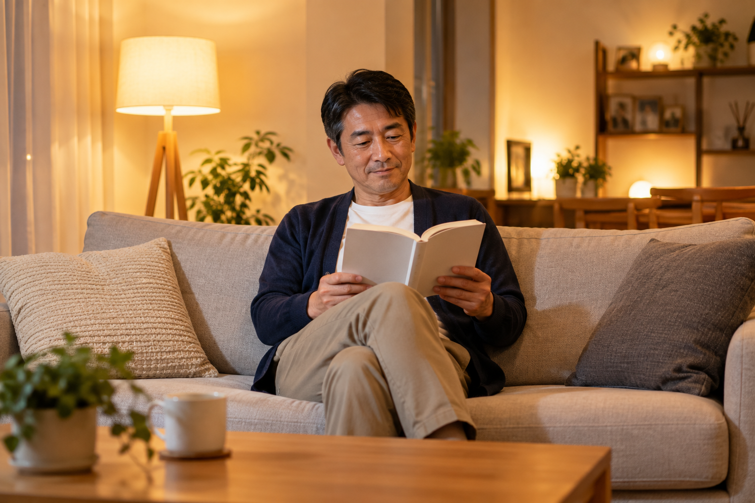 リビングのソファで本を読んでくつろぐ男性