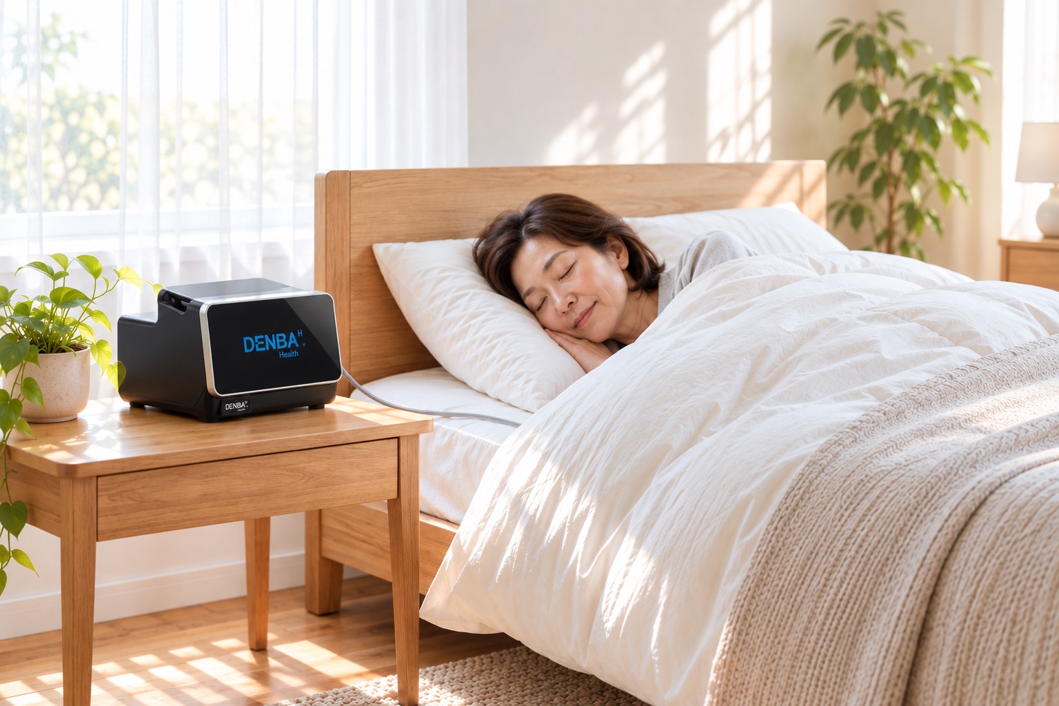 ベッドサイドにDENBA Healthの本体を置いた明るい寝室で、女性がおだやかに眠っている様子