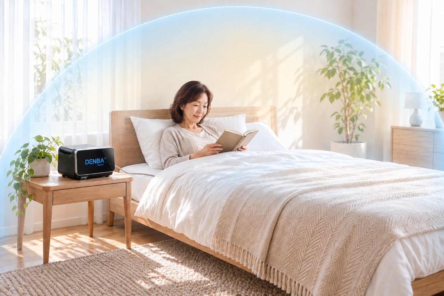 ベッドサイドのDENBA Health本体からマットにコードをつなぎ、ベッドを中心に電位空間が広がる寝室で、女性が本を読んでくつろいでいる様子
